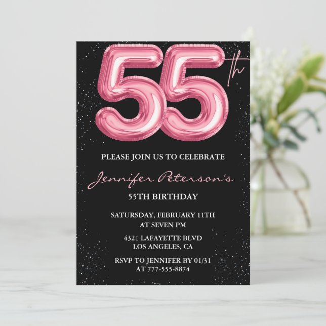 Pink 55th birthday invitations Balloon Glam Black (Standing Front)