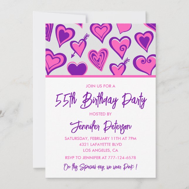 Pink 55th birthday invitations Glam Heart (Front)