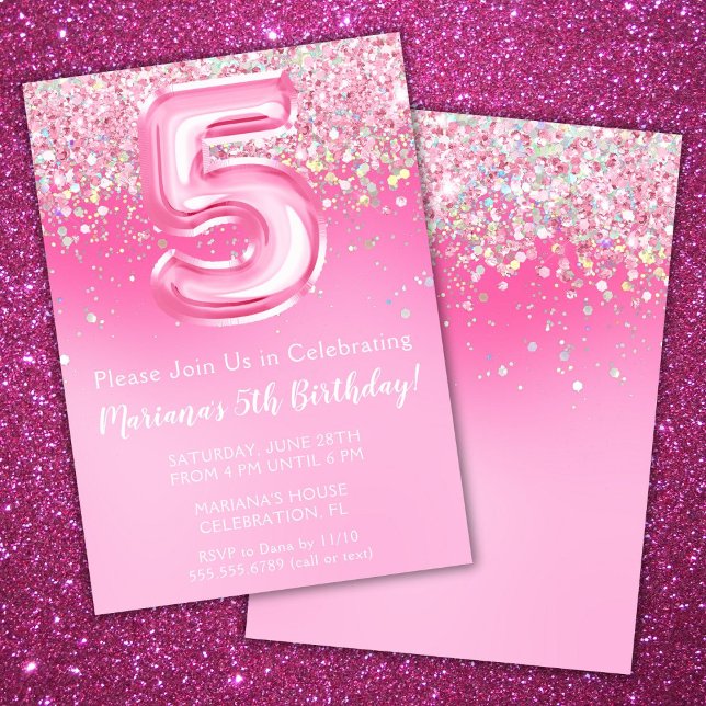Pink 5th Birthday Invitation Girly Pink Glitter (Creator Uploaded)