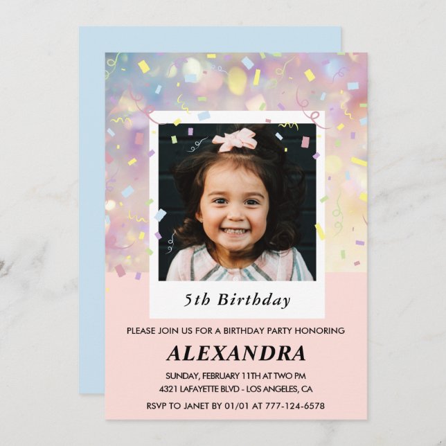 Pink 5th birthday invitations Confetti Photo  (Front/Back)