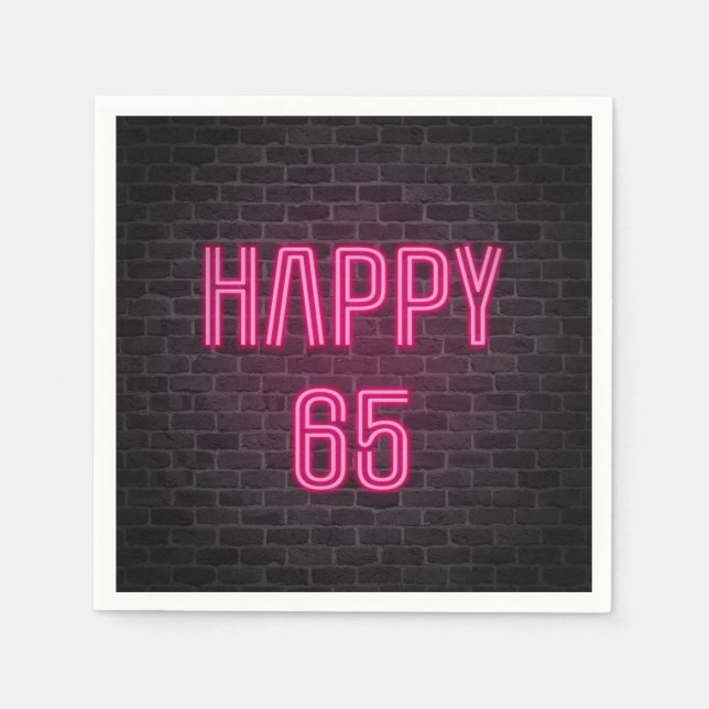Pink 65th Birthday neon sign on brick wall Napkin (Front)