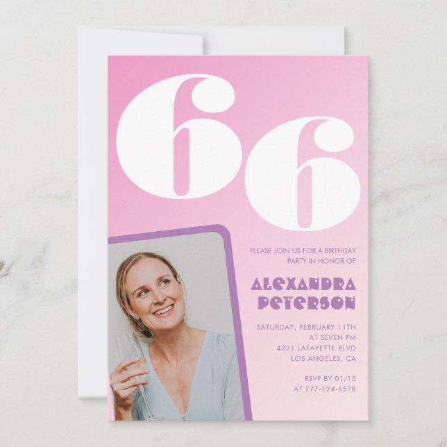 Pink 66th birthday invitations Retro Photo (Front)