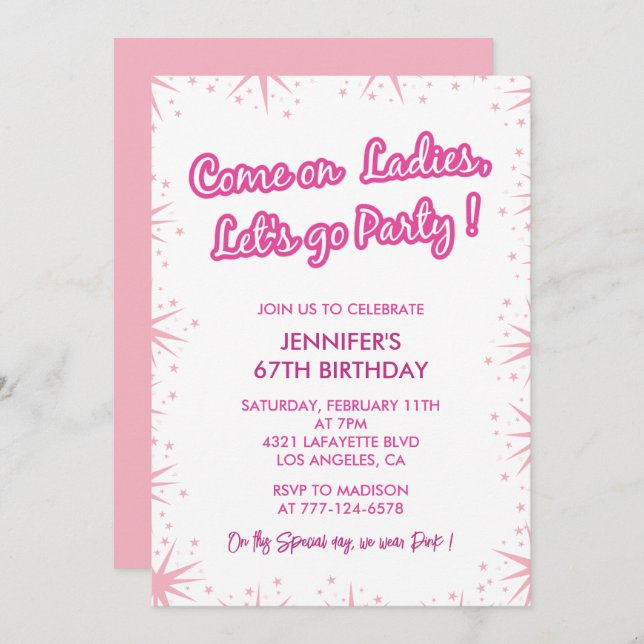 Pink 67th birthday invitations Sparkle Girl  (Front/Back)