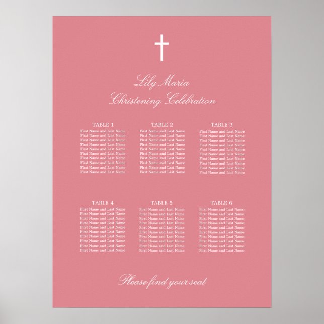 Pink 6 Table Christening Seating Chart Poster (Front)