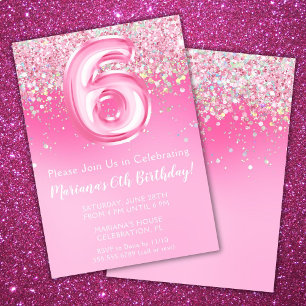 Pink 6th Birthday Invitation Girly Pink Glitter