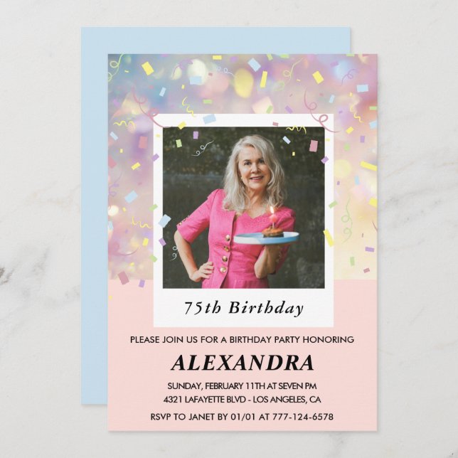 Pink 75th birthday invitations Confetti Photo  (Front/Back)