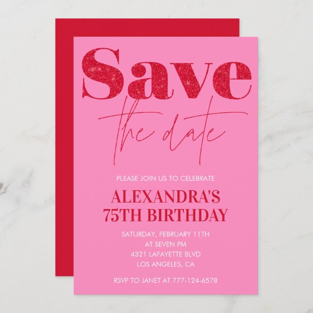 Pink 75th birthday invitations Save the date Chic (Front/Back)