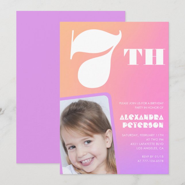 Pink 7th birthday invitations Colourful Photo (Front/Back)