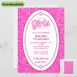 Pink 7th birthday invitations Glitter fushia<br><div class="desc">Pink 7th birthday invitations doll fushia</div>