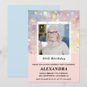 Pink 80th birthday invitations Confetti Photo 