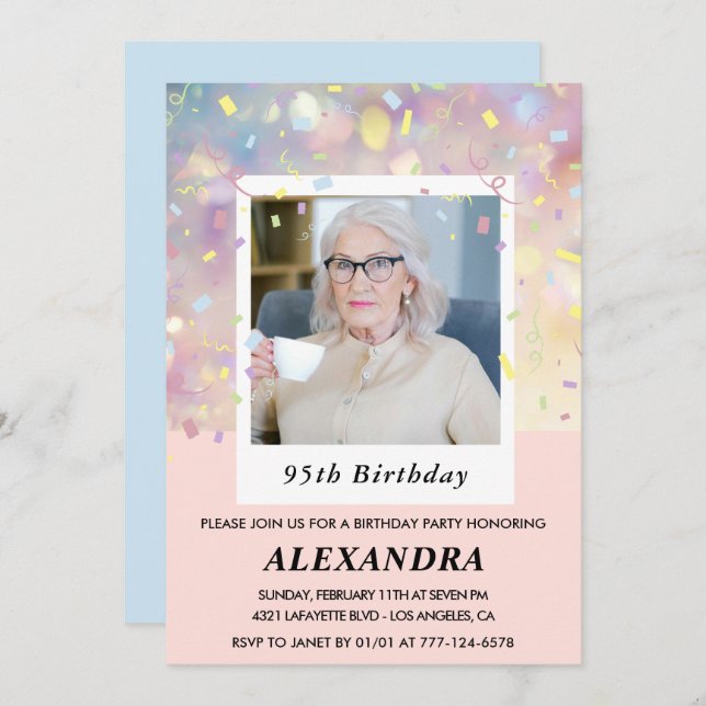 Pink 95th birthday invitations Confetti Photo  (Front/Back)