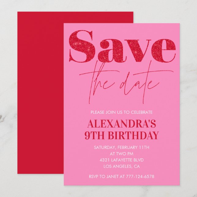 Pink 9th birthday invitations Save the date Chic (Front/Back)