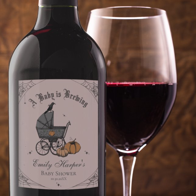Pink A Baby is Brewing Baby Shower Wine Label (Elegant Blush Pink Gothic Halloween Baby Shower A Baby is Brewing Wine Label. Vintage Baby Carriage)