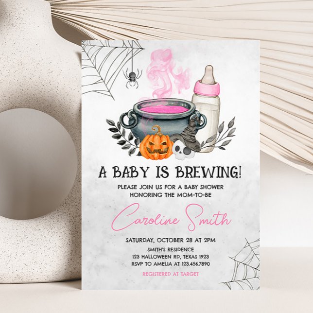 Pink A Baby is Brewing Halloween Baby Shower  Invitation (Pink Halloween Baby Shower Invitation)