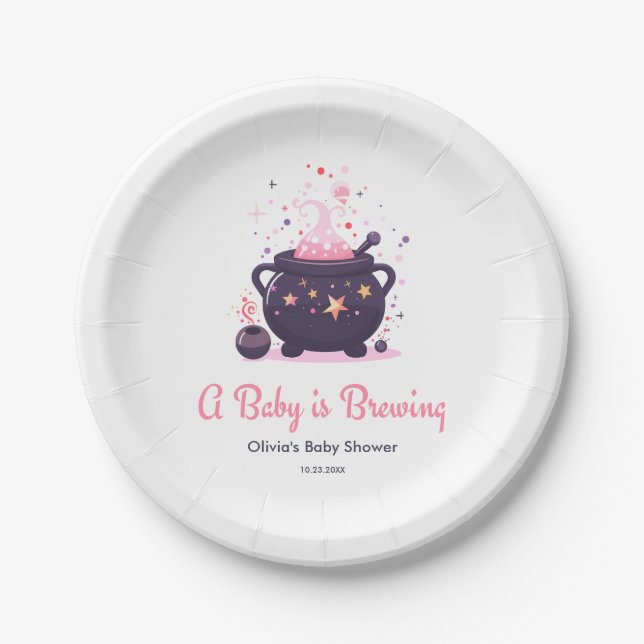 Pink A Baby is Brewing Halloween Baby Shower  Paper Plate (Front)