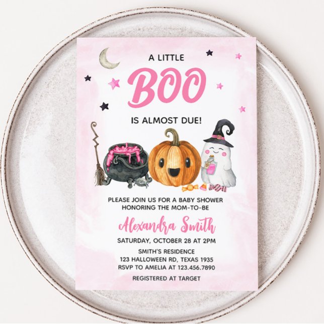Pink A Little Boo Baby Shower  Invitation (Girl Ghost Halloween Baby Shower Invitation)