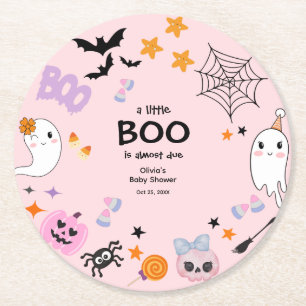 Pink A Little Boo Cute Ghost Halloween Baby Shower Round Paper Coaster