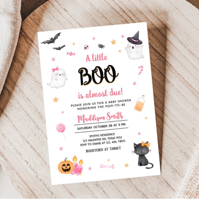 Pink A Little Boo Halloween Baby Shower Invitation (Pink Halloween Baby Shower Invitation)