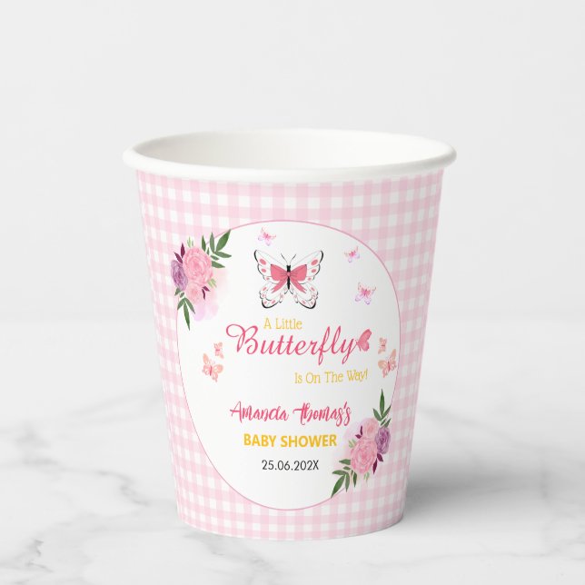 Pink A Little Butterfly Is On The Way Baby Shower  Paper Cups (Front)