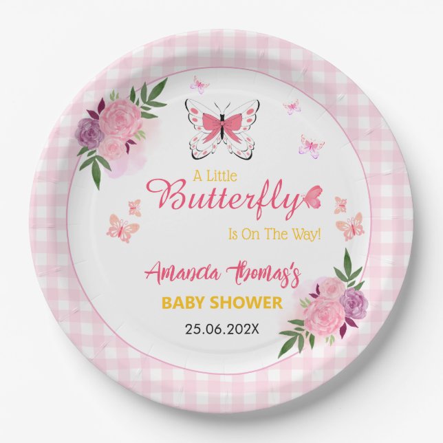 Pink A Little Butterfly Is On The Way Baby Shower  Paper Plate (Front)