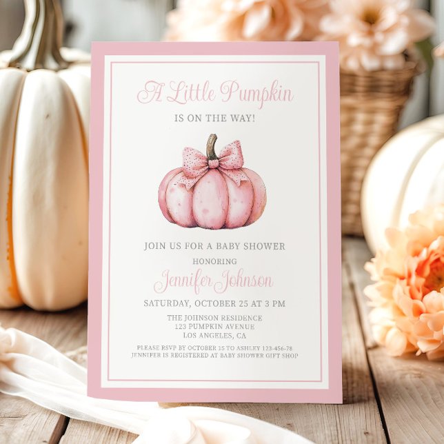Pink A Little Pumpkin Is On The Way Baby Shower Invitation (Pink Cute A Little Pumpkin On The Way Baby Shower Invitation)