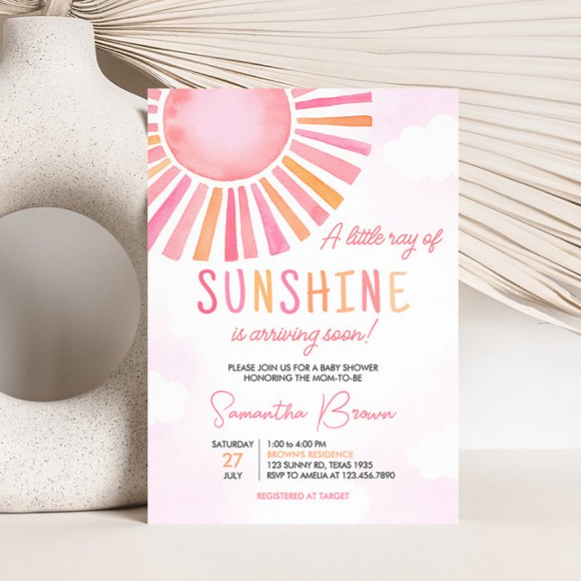 Pink A Little Ray of Sunshine Baby Shower Invitation (Girl Sunshine Baby Shower Invitation)