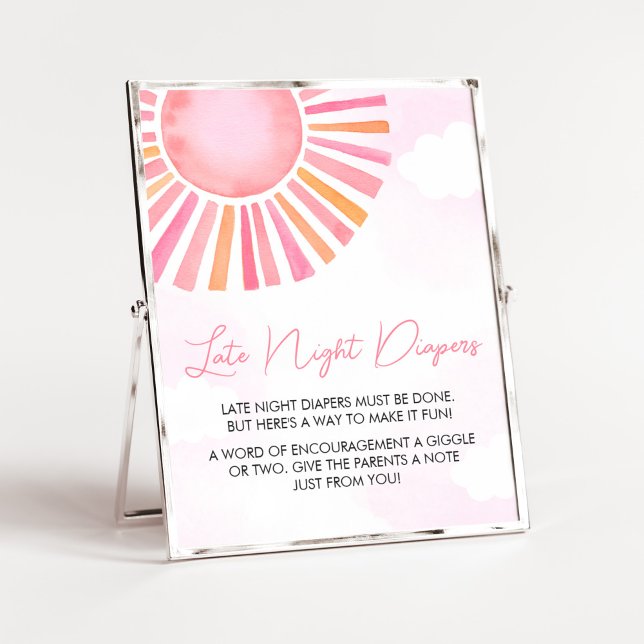 Pink A Little Ray of Sunshine Late Night Diapers Poster (Girl Sunshine Baby Shower Late Night Diapers Sign)