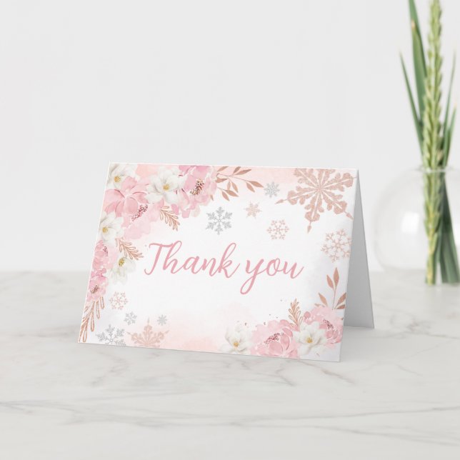 Pink A Little Snowflake Baby Shower  Thank You Card (Front)