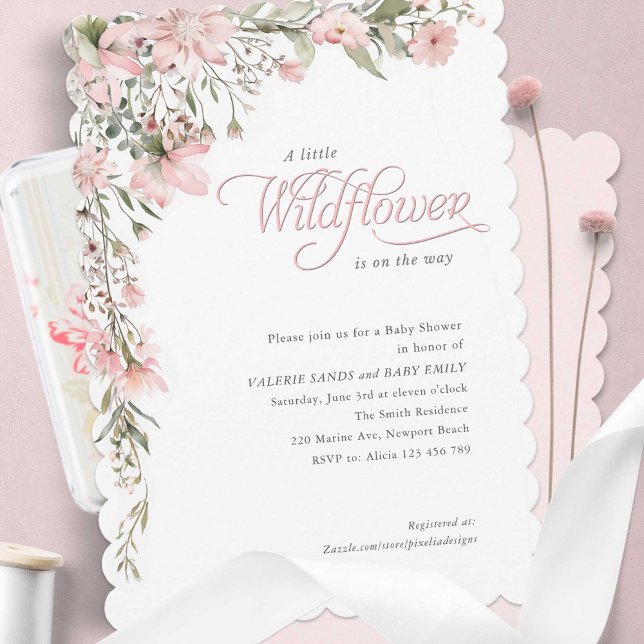 pink a little wildflower Baby Girl Shower Invitation (A little wildflower themed baby girl shower invitation. Pink watercolor Wildflower.)