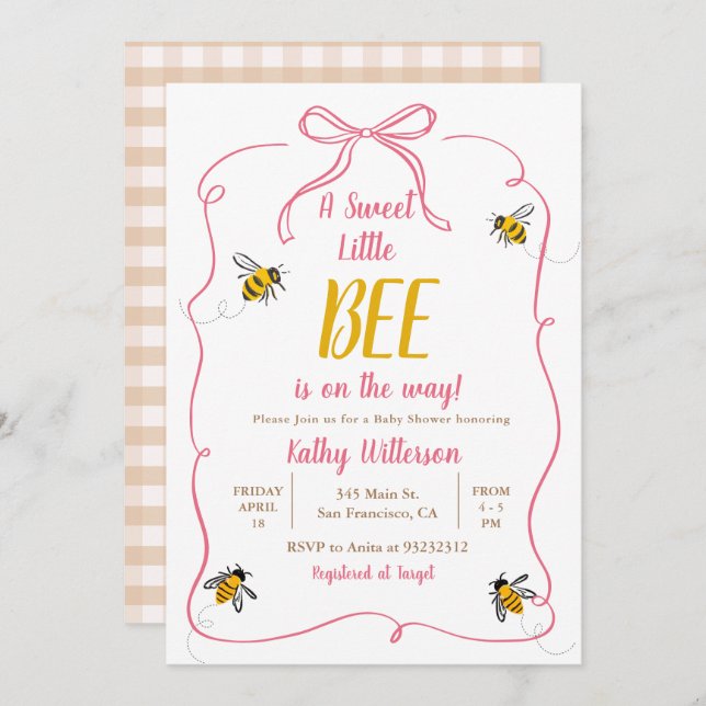 Pink A Sweet little Honey Bee Gingham Baby Shower Invitation (Front/Back)