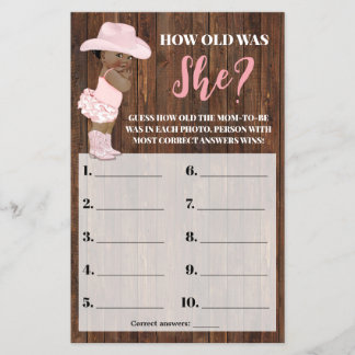 Pink AA Cowgirl How old was She Baby Shower Game Flyer