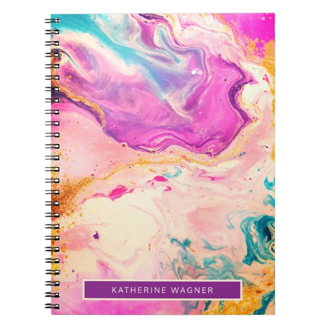 Pink Abstract Fine Art Paint Swirl Monogram Notebook (Front)