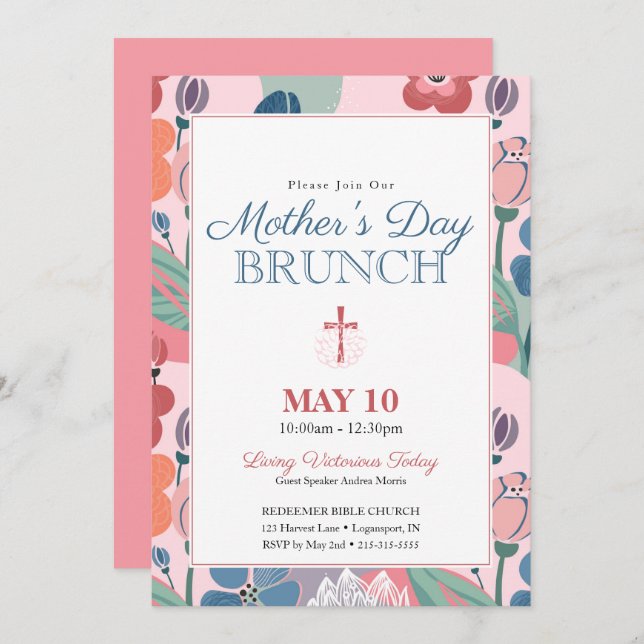 Pink Abstract Floral Church Mother's Day Brunch Invitation (Front/Back)