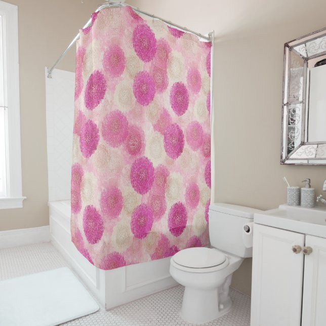 Pink Abstract Floral Lace Circle Pattern Shower Curtain (In Situ)