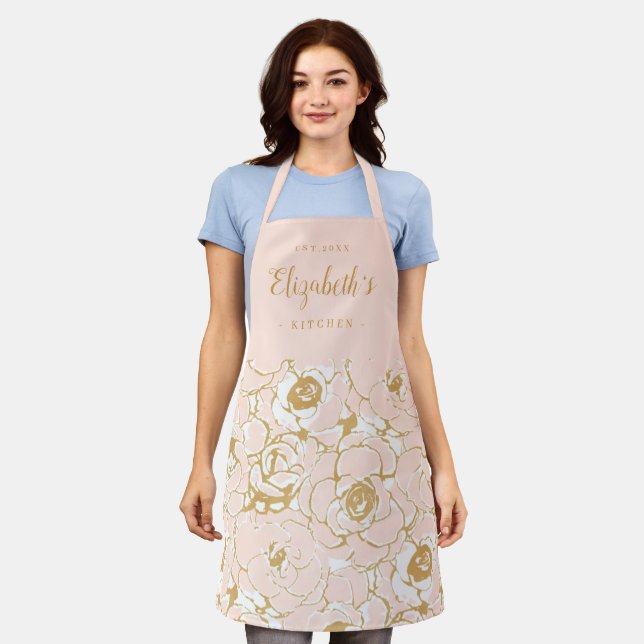 Pink abstract floral pattern personalised cooking apron (Worn)