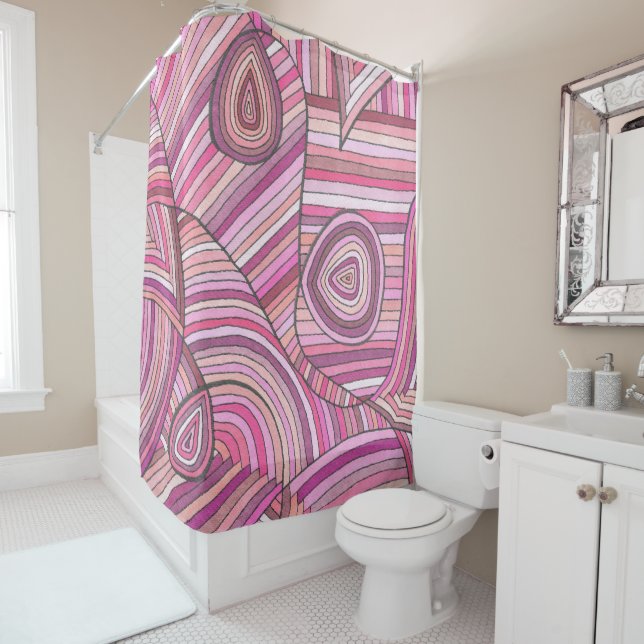 Pink Abstract Geometric Pattern with Curved Lines Shower Curtain (In Situ)