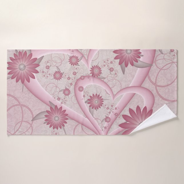 Pink Abstract Hearts & Flowers Love Fractal Art Bath Towel (Bath Towel)