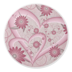 Pink Abstract Hearts & Flowers Love Fractal Art Ceramic Knob
