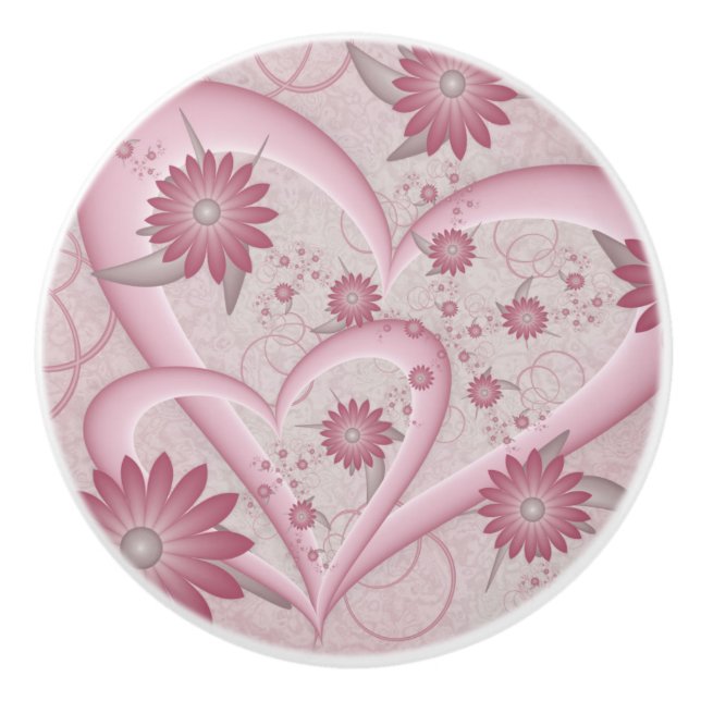 Pink Abstract Hearts & Flowers Love Fractal Art Ceramic Knob (Front)