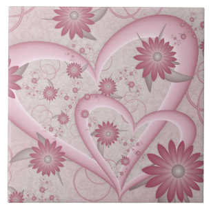 Pink Abstract Hearts & Flowers Love Fractal Art Ceramic Tile