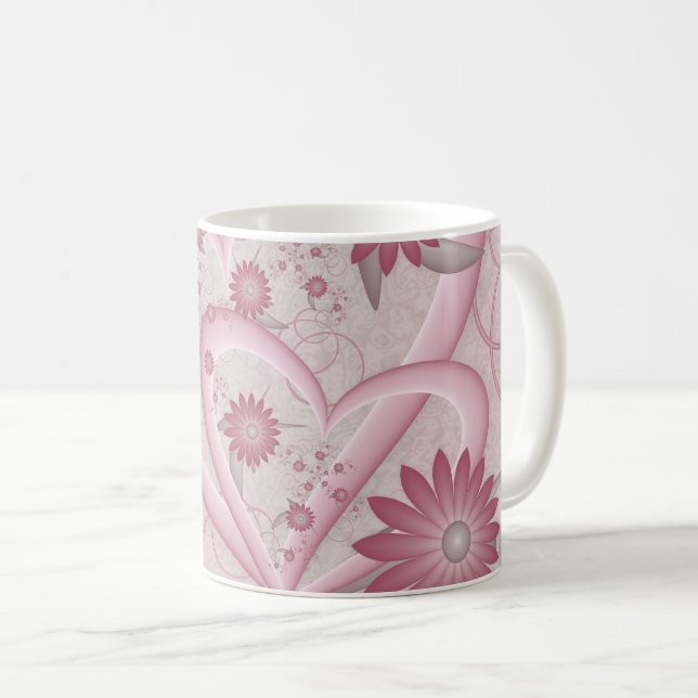 Pink Abstract Hearts & Flowers Love Fractal Art Coffee Mug (Front Right)