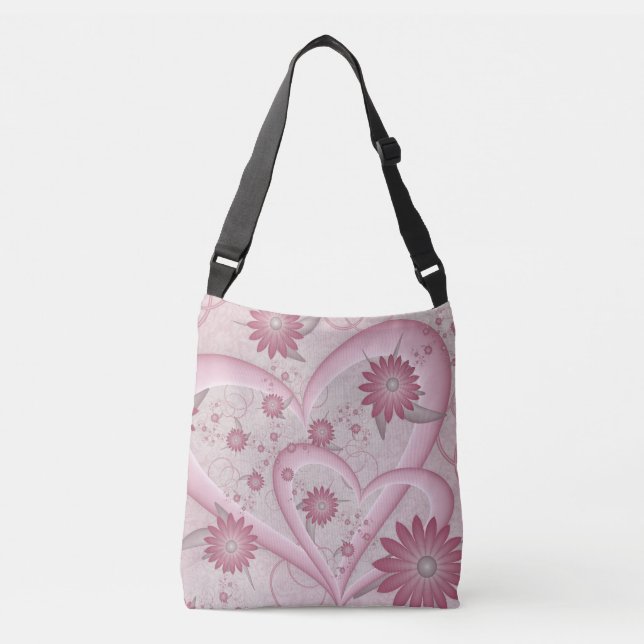 Pink Abstract Hearts & Flowers Love Fractal Art Crossbody Bag (Front)