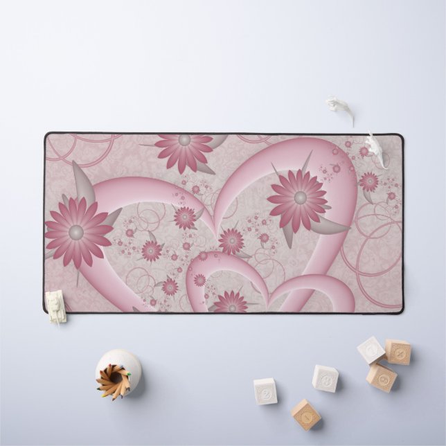 Pink Abstract Hearts & Flowers Love Fractal Art Desk Mat (Kids Table)