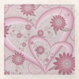 Pink Abstract Hearts & Flowers Love Fractal Art Glass Coaster