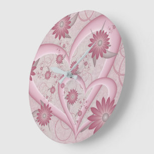 Pink Abstract Hearts & Flowers Love Fractal Art Large Clock