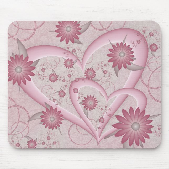 Pink Abstract Hearts & Flowers Love Fractal Art Mouse Pad (Front)