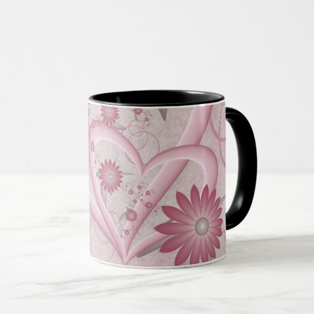 Pink Abstract Hearts & Flowers Love Fractal Art Mug (Front Right)