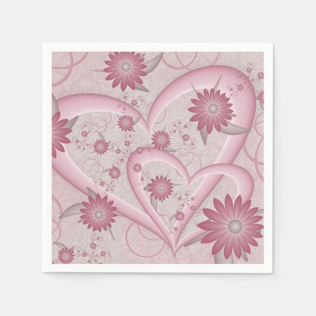 Pink Abstract Hearts & Flowers Love Fractal Art Napkin (Front)