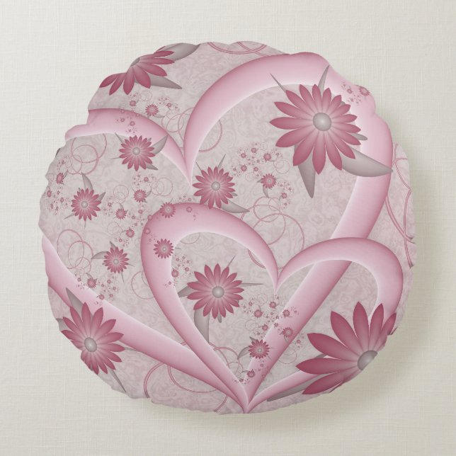 Pink Abstract Hearts & Flowers Love Fractal Art Round Cushion (Front)
