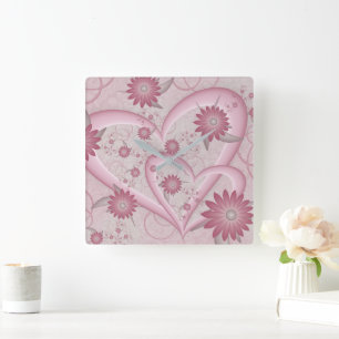 Pink Abstract Hearts & Flowers Love Fractal Art Square Wall Clock
